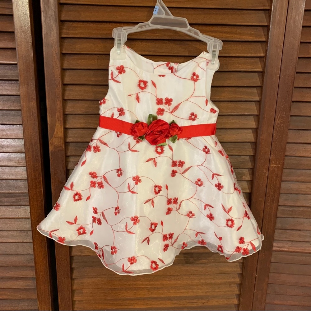White/Red EmbroideredFloral Formal Christmas Dress